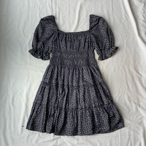 Francesca's Collections Blue-gray and White Polka Dot Tiered Mini Dress